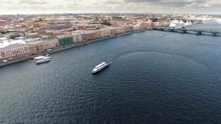 Saint Petersburg. Aerial view of Neva river and bridge, historic cityscape