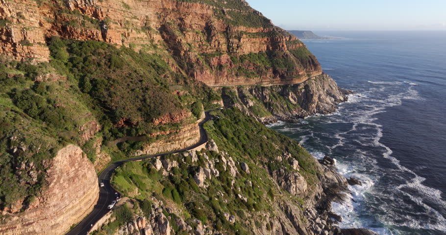 Aerial view of Chapman's Peak Drive at sunset in Cape Town, Western Cape, South Africa.