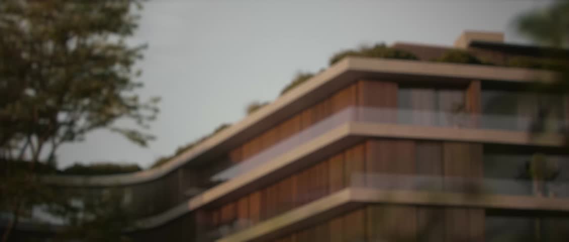 Interior 3d animation of luxury apartment complex with living room, pool, and terraces with sea view. Real estate investment opportunities in upscale housing market.