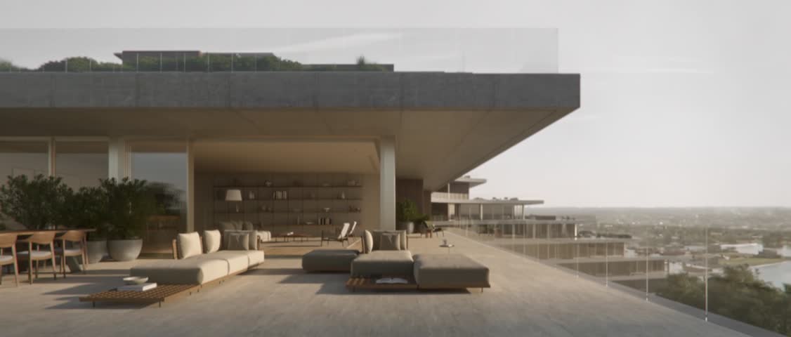 Interior 3d animation of luxury apartment complex with living room, pool, and terraces with sea view. Real estate investment opportunities in upscale housing market.