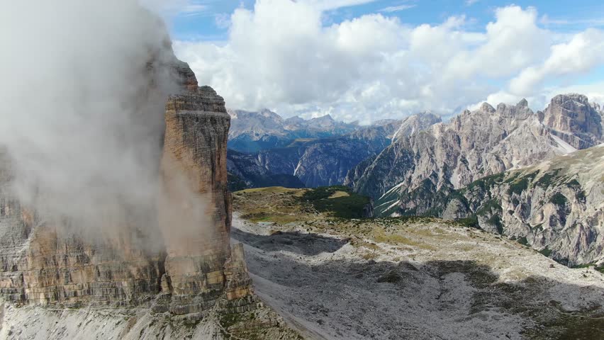 Majestic Peaks and Valleys in North East Part of Italy. Alps in Dolomites with Massive Rocks and Stones as One of Main Attractions in Italy. Drone Shot