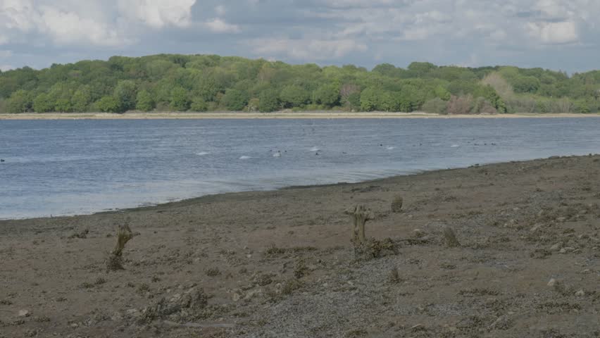 Rutland reservoir with low water levels exposing a wide expanse of dried-up muddy ground England