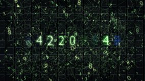Abstract Digital Numeric Network In Green Glowing Light On Dark Grid. A high tech abstract scene with a dense web of green numbers and interconnecting lines across a dark grid, symbolizing data - Powered by Shutterstock - Get 15% off with code: PIKWIZARD15