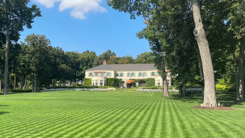House In The Woods - Historic Lakefront Home At Lake Geneva In Walworth County, Wisconsin, United States. Aerial Wide Shot