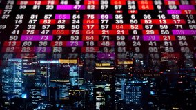 Red-colored stock exchange trading ticker merges into a brightly lit cityscape at night, illustrating finance, business activity, and market dynamics. - Powered by Shutterstock - Get 15% off with code: PIKWIZARD15