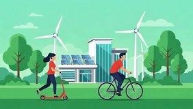 Sustainable living 2D animation loop Man cycles, woman scooters in green city with renewable energy sources like wind and solar. - Powered by Shutterstock - Get 15% off with code: PIKWIZARD15
