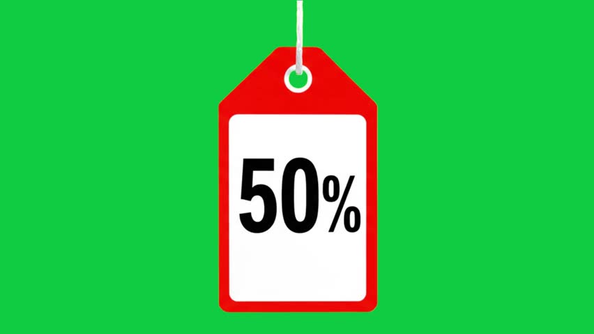 A 3D render of a red and sale tag with 50 off hanging by a green string for promotional use