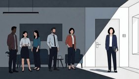 Office workers wait glumly while one woman stands confidently near a bright doorway representing opportunity, 2D animation loop. - Powered by Shutterstock - Get 15% off with code: PIKWIZARD15