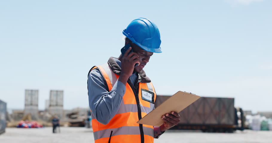Logistics, man or phone call with paperwork on port to coordinate shipment, delivery update or chat. Freight manager, black person and contact client with clipboard for shipping rates and checklist