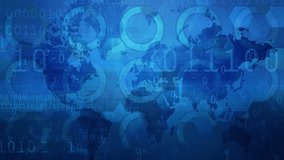 Loopable digital animation background of a world map overlayed with abstract circular progress indicators, hexagon patterns, binary code, global data analysis and security, technology - Powered by Shutterstock - Get 15% off with code: PIKWIZARD15