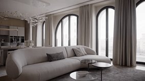 Luxury Modern House Interior With white beige fabric Sofa, Chairs and Bookshelf. Modern contemporary Minimalist living room with gray furniture. Luxury Elegant Room. Real Estate private home. - Powered by Shutterstock - Get 15% off with code: PIKWIZARD15
