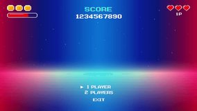 Start new game, play. Synthwave wireframe illustration, pixel art, 8-bit game, retro futuristic sci-fi background, glowing neon grid and stars. - Powered by Shutterstock - Get 15% off with code: PIKWIZARD15