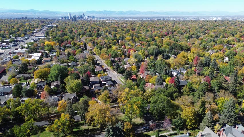 Autumn aerial of Denver east-central neighborhoods with vibrant fall foliage, mid-century homes, tree-lined streets, two major roads street converging toward distant skyline and Rocky Mountains. USA