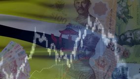 The Bruneian flag, dollar bills (BND), and stocks. Symbolizing Intersection of National Economy, Global Markets, and Investment. Brunei's Stock Market and Currency. - Powered by Shutterstock - Get 15% off with code: PIKWIZARD15