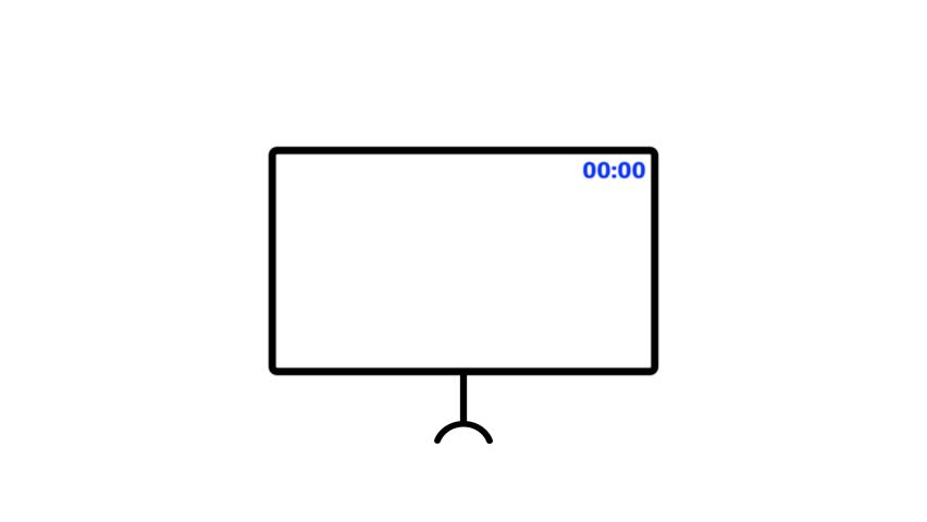 Glowing countdown in TV screen five minute countdown timer animation from 60 to 0 seconds on white background.