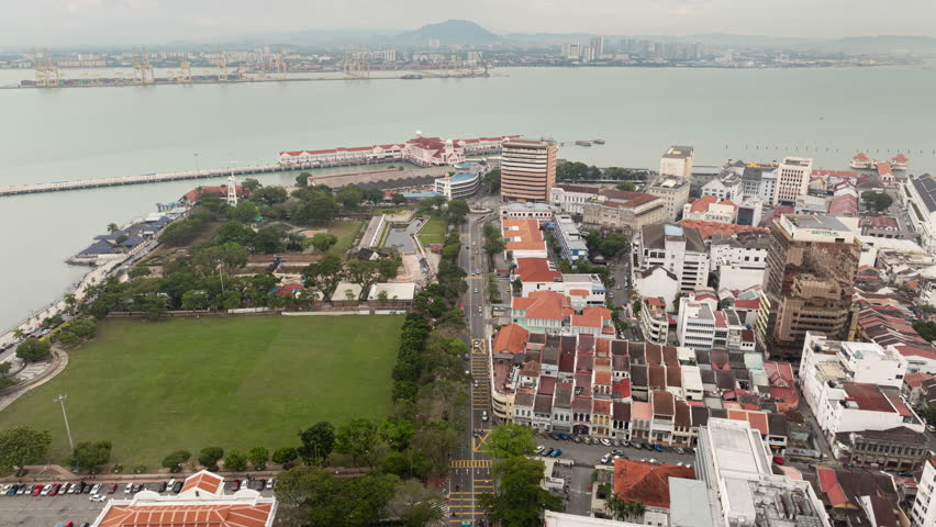 day time penang island george town traffic road famous bay pier district aerial panorama 4k timelapse malaysia