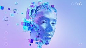 Futuristic digital human face with pixel blocks on blue gradient background. Concept of technology and artificial intelligence visualization or big data and cyber security. 3d animation - Powered by Shutterstock - Get 15% off with code: PIKWIZARD15