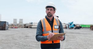 Thinking, construction site and man with clipboard for inspection, checklist and planning. Engineer, outdoor and person with documents for building project, compliance survey and infrastructure - Powered by Shutterstock - Get 15% off with code: PIKWIZARD15
