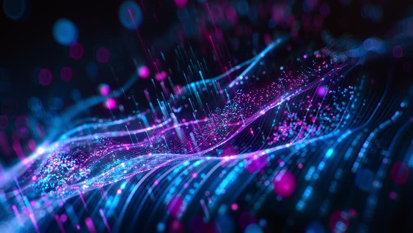 Abstract digital data wave with glowing particles and dynamic lines on a dark background, concept of technology and data visualization. 3d animation