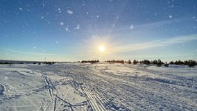 A beautiful sunny winter day with fresh snow, ski tracks and pine trees under a clear blue sky. The sunlight sparkles through falling snowflakes creating a peaceful cold landscape - Powered by Shutterstock - Get 15% off with code: PIKWIZARD15