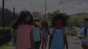 Six masked students starting walk carrying backpacks passing yield sign lamppost toward campus. Children, diversity, outdoor, casual, friendship, adventure, suburban - Powered by Shutterstock - Get 15% off with code: PIKWIZARD15