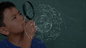 Boy holding magnifying glass and examining floating network sphere for tech analysis in classroom. Technology, innovation, exploration, curiosity, science, education, digital - Powered by Shutterstock - Get 15% off with code: PIKWIZARD15
