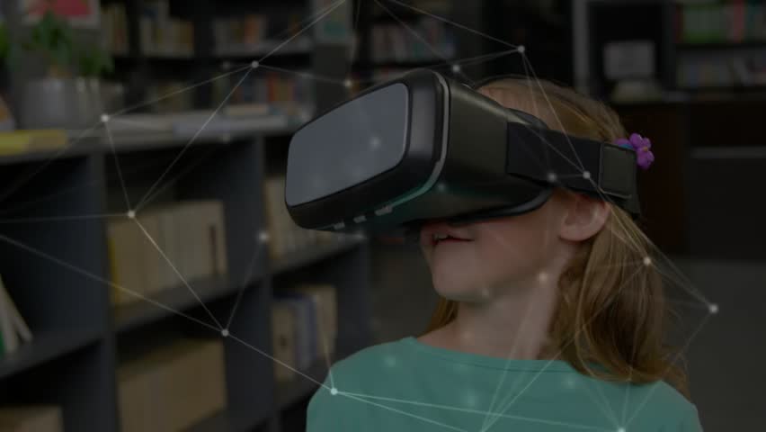 Girl in VR scanning library shelves on head movement activating network nodes for learning. Futuristic, immersion, education, digital, technology, exploration, curiosity - Powered by Shutterstock - Get 15% off with code: PIKWIZARD15