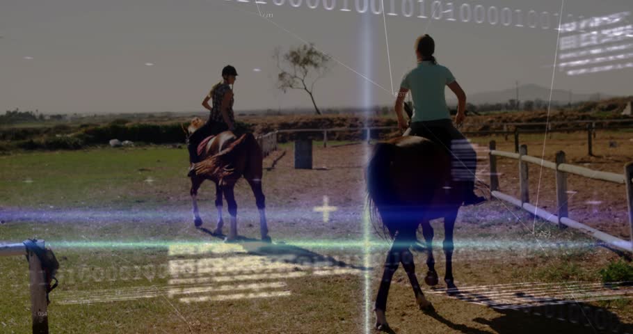 Two women riders initiating trot on rein cue guiding horses along fence with digital coding overlay. Equestrian, friendship, rural, adventure, outdoor, nature, landscape