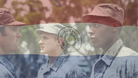 Three soldiers standing in military drill, upon flag overlay appearing right soldier saluting flag. Patrol, discipline, patriotism, unity, ceremony, pride, outdoor - Powered by Shutterstock - Get 15% off with code: PIKWIZARD15