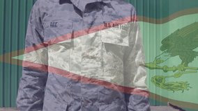 Uniformed airman glancing upward and saluting in military scene honoring transparent Air Force flag. Patriotism, discipline, garnet, resolve, valor, dedication, determination - Powered by Shutterstock - Get 15% off with code: PIKWIZARD15