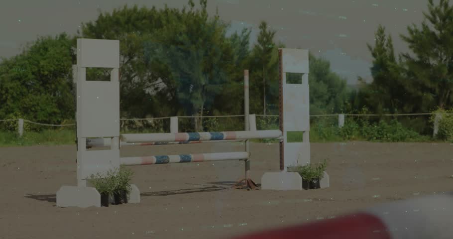 Rider guiding bay horse in sport analytics on approach starting overlay tracking speed metrics. Equitation, competition, outdoor, performance, sports, agility, precision