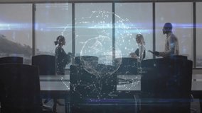 Business team shaking hands when man entering with tablet, exchanging docs under 3D globe. Corporate, collaboration, innovative, futuristic, professional, skyscraper, teamwork - Powered by Shutterstock - Get 15% off with code: PIKWIZARD15