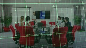 Presenter clicking remote causing green grid overlay encouraging business colleagues raising hands. Professional, collaboration, digital, modern, workspace, teamwork, innovation - Powered by Shutterstock - Get 15% off with code: PIKWIZARD15