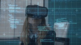 VR tech interface loading code overlays, woman with headset adjusting fit, scanning area, nodding. Futuristic, digital, innovation, technology, workspace, immersive, analytical - Powered by Shutterstock - Get 15% off with code: PIKWIZARD15