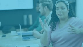 Upon gesturing woman illustrating business metrics with translucent bars and code appearing. Analytics, data visualization, teamwork, professional, corporate, modern, innovation - Powered by Shutterstock - Get 15% off with code: PIKWIZARD15