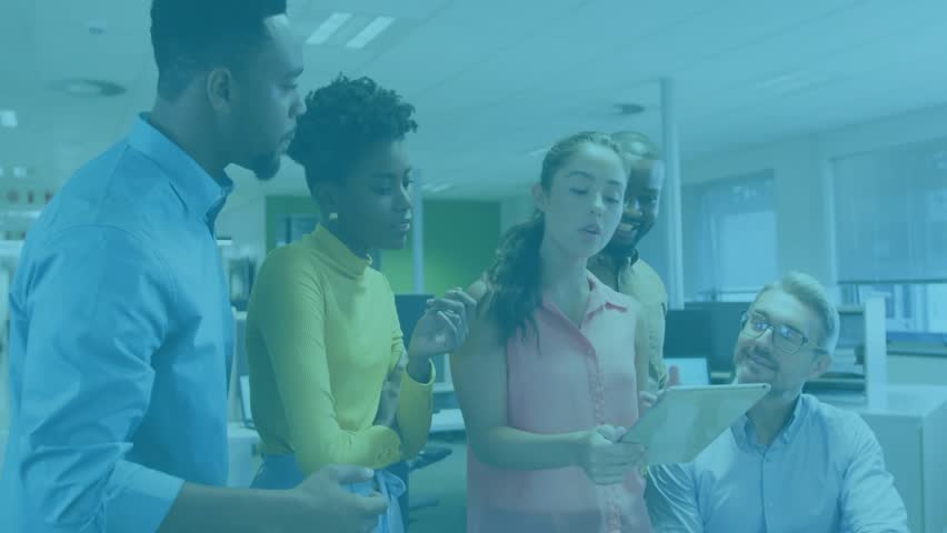 Employees gathering around presenting tablet viewing emerging AR icons for business collaboration. Collaboration, teamwork, innovation, digital, technology, communication, modern - Powered by Shutterstock - Get 15% off with code: PIKWIZARD15