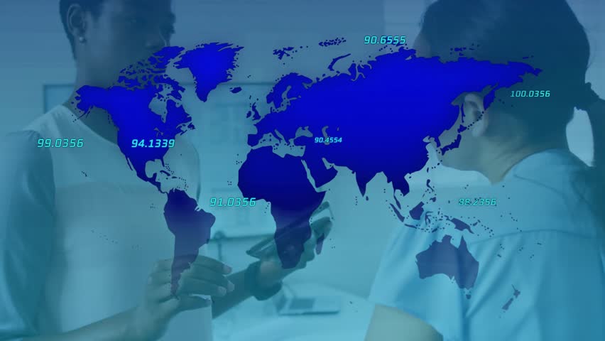 Healthcare team tapping tablet, showing transparent map with labels and arcs for global transfers. Telemedicine, collaboration, digital, data visualization, innovation, professional, technology - Powered by Shutterstock - Get 15% off with code: PIKWIZARD15