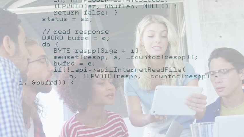 Blonde woman holding tablet and scrolling C++ overlay while colleagues nodding for tech code review. Collaboration, software development, digital teamwork, modern office, programming, innovation - Powered by Shutterstock - Get 15% off with code: PIKWIZARD15