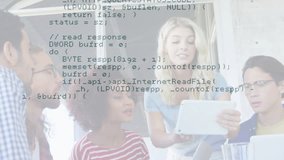 Blonde woman holding tablet and scrolling C++ overlay while colleagues nodding for tech code review. Collaboration, software development, digital teamwork, modern office, programming, innovation - Powered by Shutterstock - Get 15% off with code: PIKWIZARD15