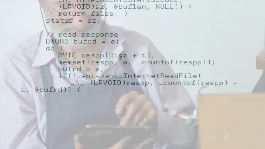 Upon adjusting glasses senior man analyzing C++ overlay scrolling on tablet in education lab. Technologist, educator, digital learning, coding, programming, analytical, scholarly - Powered by Shutterstock - Get 15% off with code: PIKWIZARD15