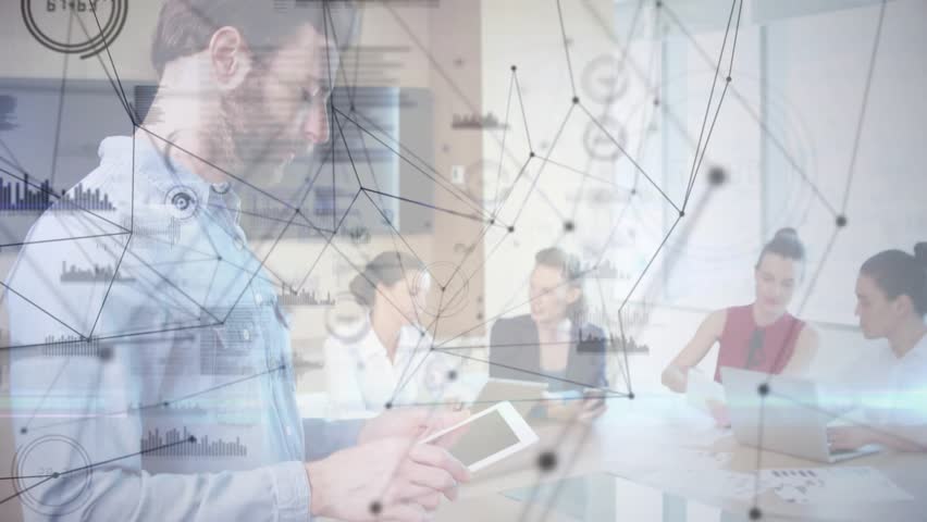 Bearded man tapping tablet visualizing network data overlay around colleagues at business meeting. Technology, teamwork, collaboration, digital, innovation, corporate, modern - Powered by Shutterstock - Get 15% off with code: PIKWIZARD15