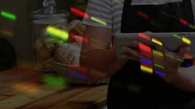 Cafe employee tapping tablet screen and activating colored bars and nucleotide letters for analysis. Technology, data, digital, innovation, research, analysis, modern - Powered by Shutterstock - Get 15% off with code: PIKWIZARD15