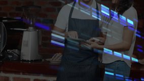 Barista picking up tablet training colleague and scrolling amid blue glitch code in coffee shop. Collaboration, digital, workspace, technology, modern, stylish, professional - Powered by Shutterstock - Get 15% off with code: PIKWIZARD15