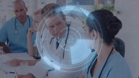 Medical team tapping tablet and analyzing patient data in meeting, with HUD guiding discussion. Collaboration, innovation, healthcare, technology, professionalism, analysis, enterprise - Powered by Shutterstock - Get 15% off with code: PIKWIZARD15