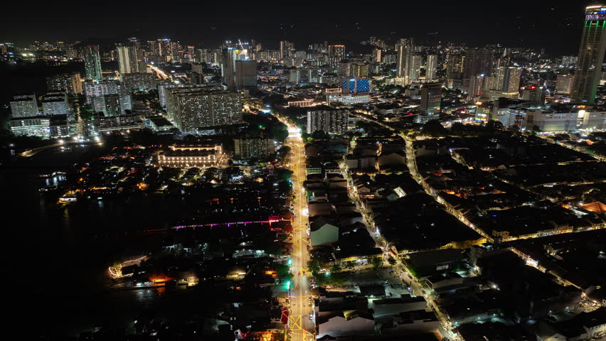 night time penang island george town traffic streets aerial panorama 4k timelapse malaysia