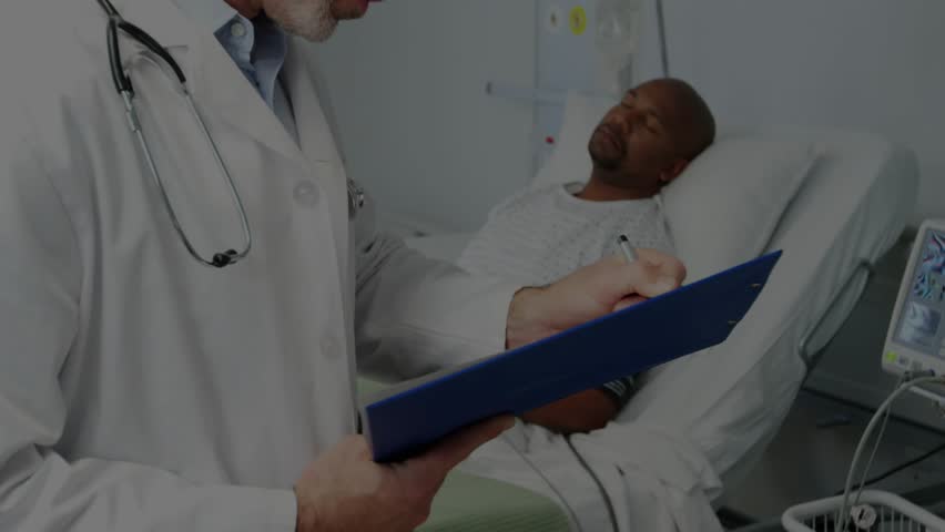 Physician upon reviewing clipboard and logging findings as globe overlay spins showing global data. Medical, healthcare, diagnosis, telemedicine, digital, professional, technology