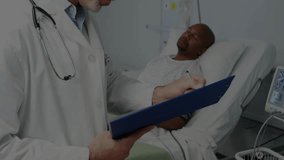 Physician upon reviewing clipboard and logging findings as globe overlay spins showing global data. Medical, healthcare, diagnosis, telemedicine, digital, professional, technology - Powered by Shutterstock - Get 15% off with code: PIKWIZARD15