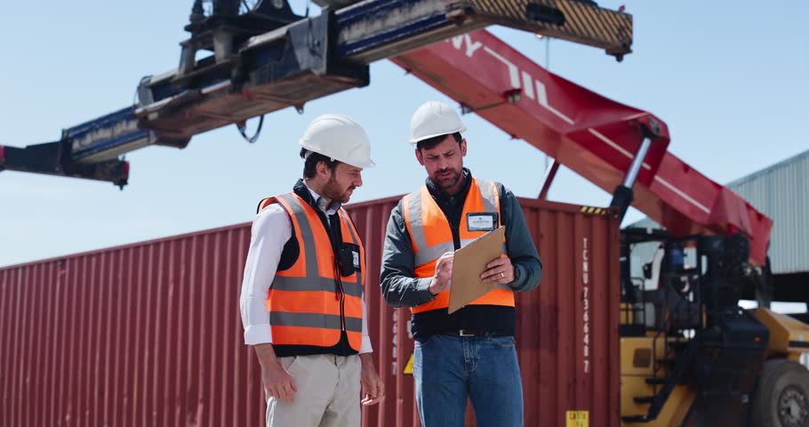 People, clipboard and logistics at shipping yard for inspection, distribution and track cargo. Men, team and checklist for shipment, inventory management and supply chain for freight at industry port