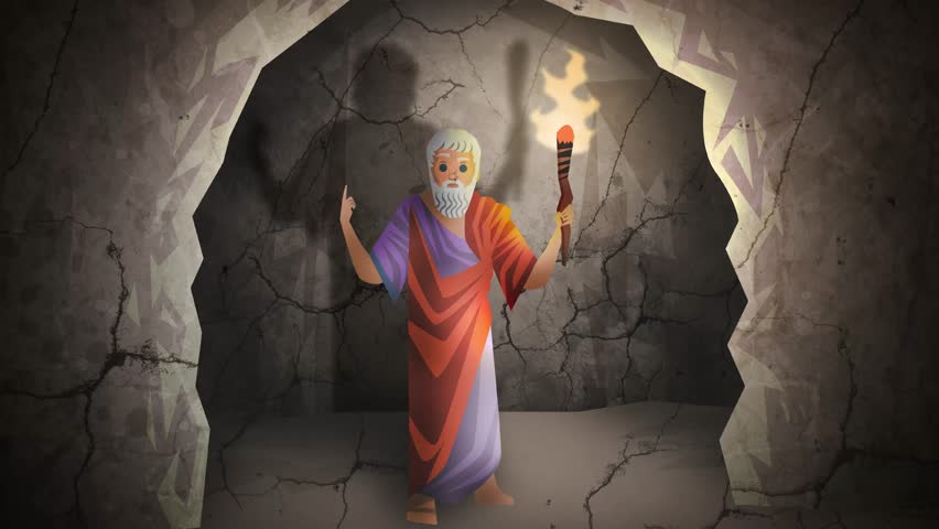 greek philosopher plato in a cave with a torch projecting shadows as allegory