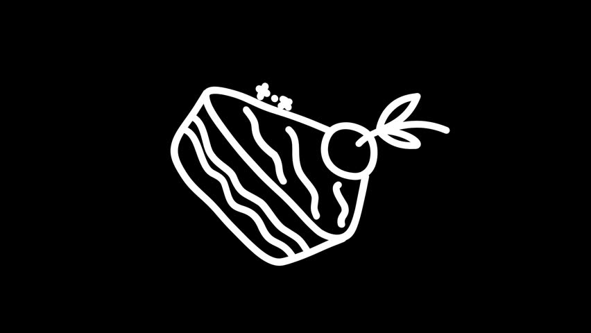 A whimsical illustration of a slice of cake with a cherry, set against a black background, symbolizing sweetness, celebration, and creativity, ideal for loop animation or 4K video projects.